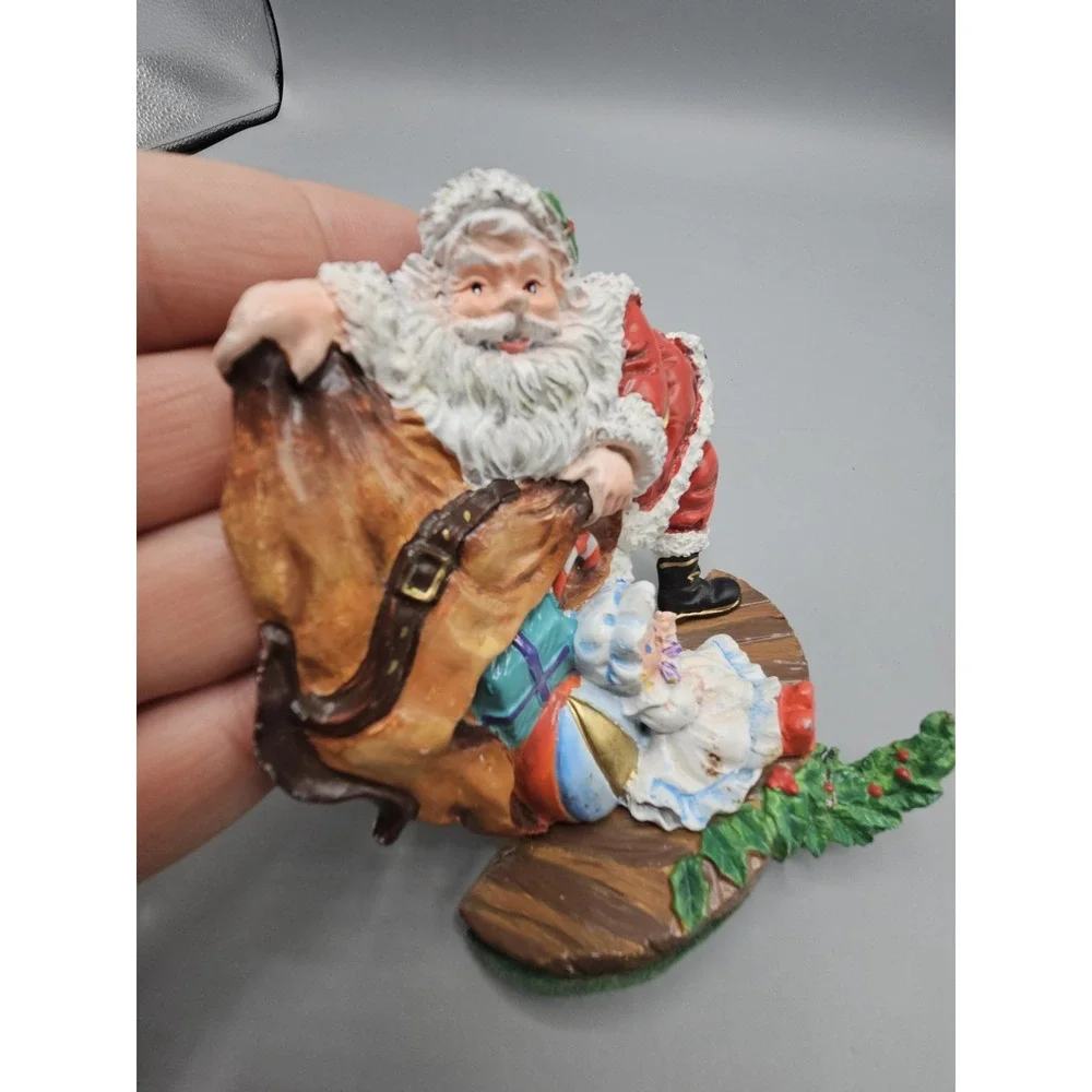 Vintage Santa Claus Cast Iron Stocking‎ Hanger Girl Bag Of Presents Holly